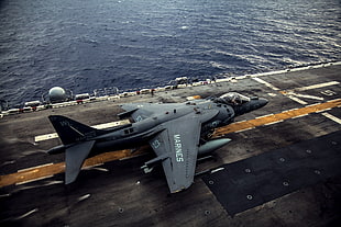 gray fighter plane, aircraft, AV-8B Harrier II, military aircraft, aircraft carrier