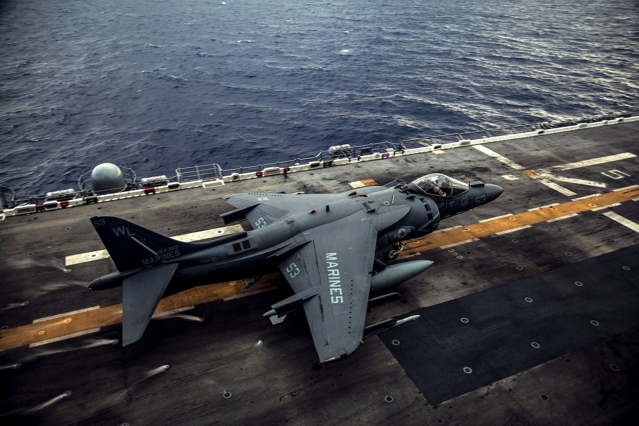 gray fighter plane, aircraft, AV-8B Harrier II, military aircraft, aircraft carrier