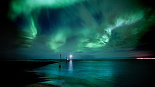 aurora borealis, night, sky, lighthouse, sea