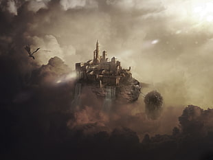 illustration of floating castle HD wallpaper