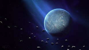 a view of gray planet and asteroids