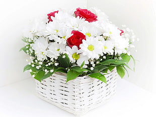 red Rose and white Daisy flowers in white wicker basket photo