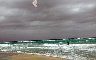 shoreline with large waves under cloudy sky during daytime