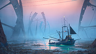 black and brown ship, digital art, science fiction, Simon Stålenhag, boat HD wallpaper
