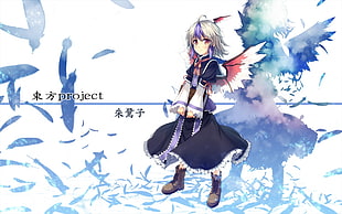 female anime character with grey hair and red, black, and white wings