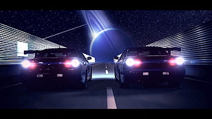 two black cars, Japanese cars, Nissan GT-R NISMO, Nissan Skyline GT-R R33, planet