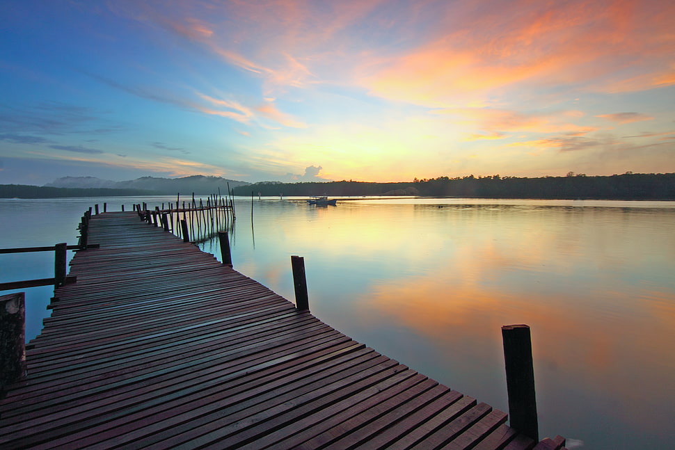 jetty, dawn, nature, sky HD wallpaper