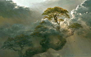 tree covered with clouds painting, fantasy art
