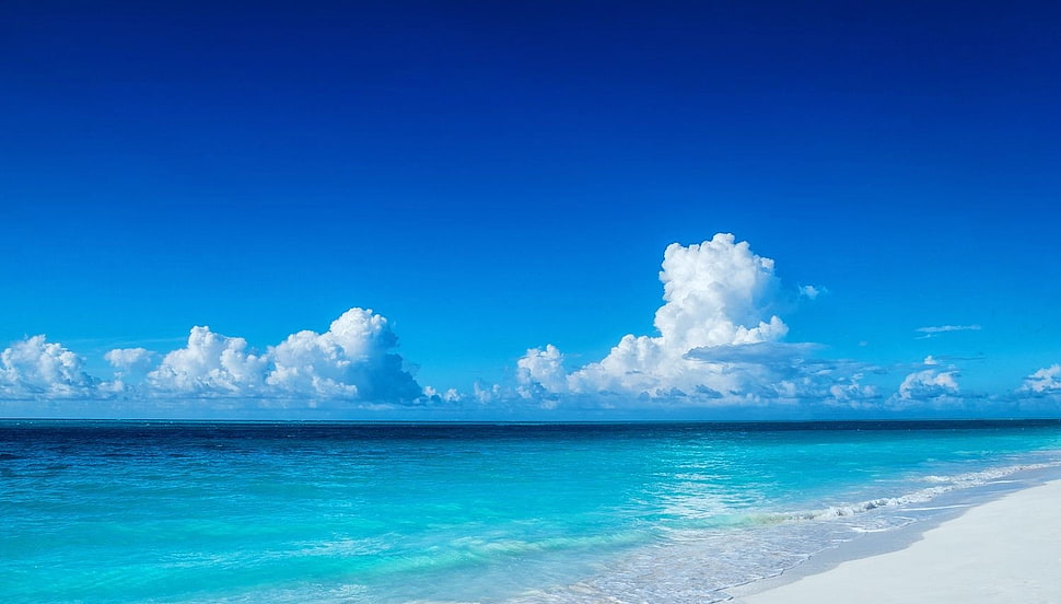 clear blue sea beside white sand under clear blue sky, nature, photography, landscape, summer HD wallpaper