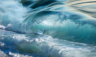 sea waves painting, water, sea, waves, paper boats