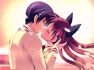 man and woman kissing anime character HD wallpaper