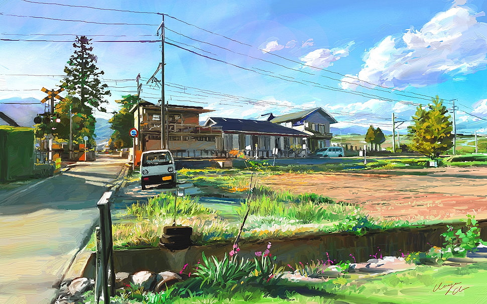 white vehicle near house painting, anime, artwork HD wallpaper