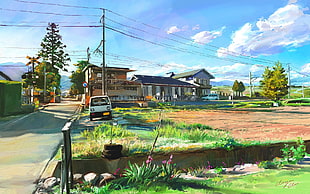 white vehicle near house painting, anime, artwork