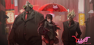 black haired woman anime character standing under umbrella near two men wearing gray suits