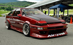 red and black 5-door hatchback, JDM, Stance, Toyota, AE86
