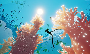silhouette of diver underwater at daytime 3D wallpaper