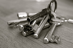 grayscale photo of stainless steel skeleton keys on brown table