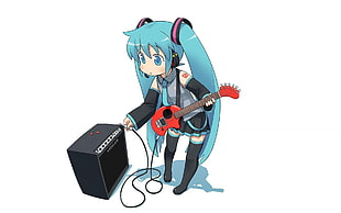 blue haired female anime character playing guitar