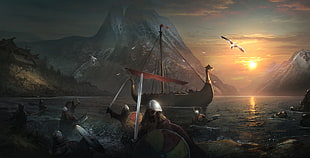 videogame digital wallpaper, digital art, sailing ship, Sergey Zabelin, Vikings