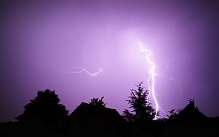 low light photo of lightning hitting on ground