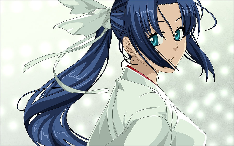 woman with blue hair wearing white shirt anime character HD wallpaper