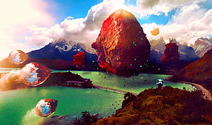 rock and mountains digital wallpaper, crystal , mountains, bridge, digital art