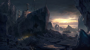 wrecked ship on snowy rocky shore illustration, apocalyptic, wreck, ship, ice
