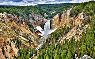 pine tree-covered hills with waterfalls, nature, landscape, river, waterfall