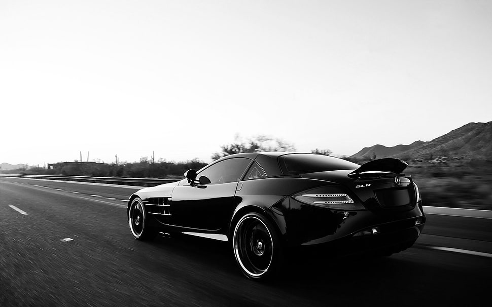 grey scale photography of coupe with spoiler HD wallpaper