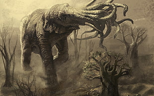 grayscale photo of elephant with octopus head, fantasy art, elephant, tentacles