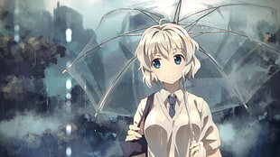 white-haired female character, original characters, rain, Yuuki Tatsuya, blue eyes