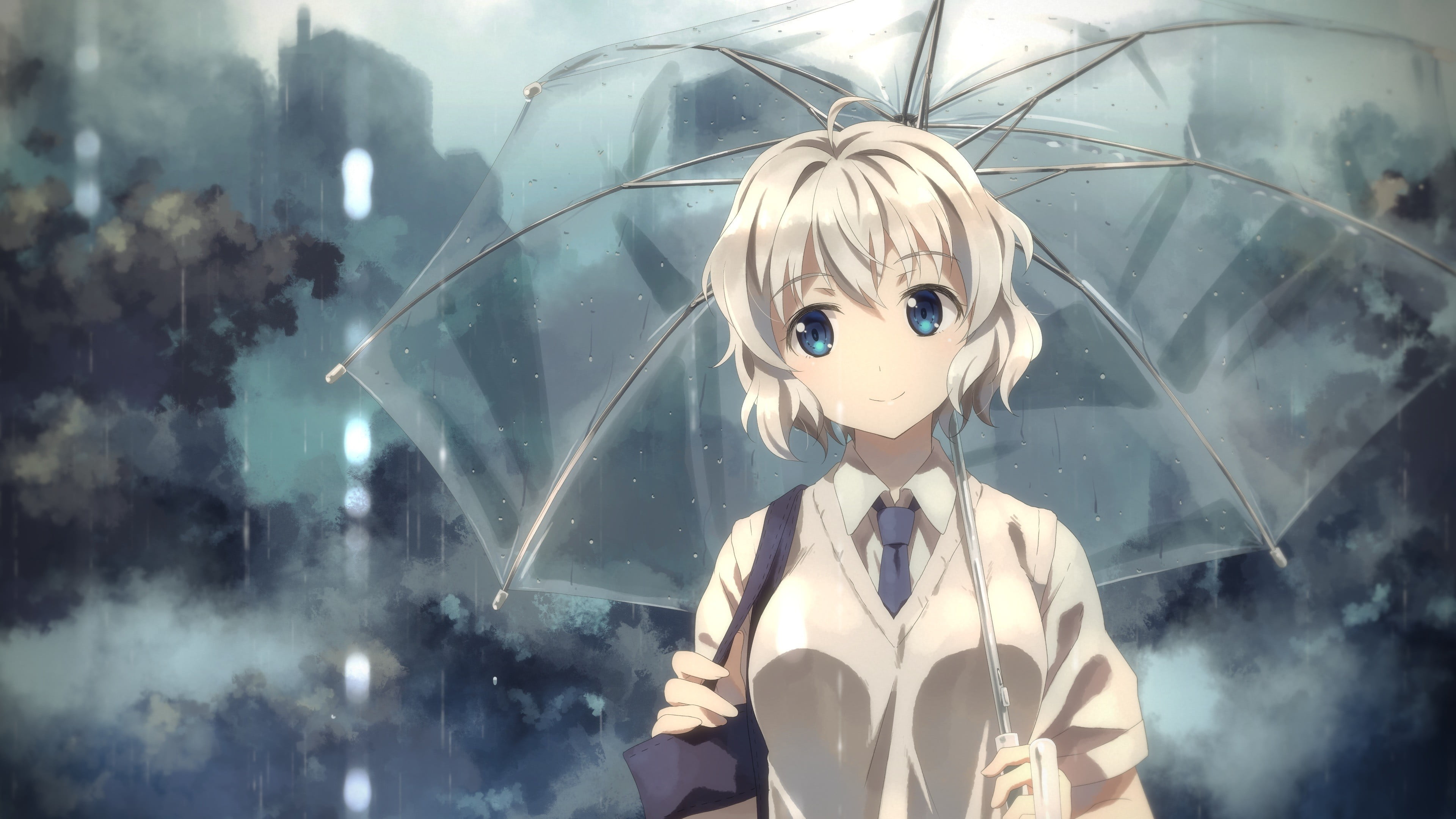 white-haired female character, original characters, rain, Yuuki Tatsuya, blue eyes