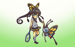 Butterfree Pokemon beside girl holding racket