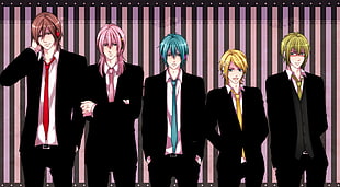 five men wearing black suit jackets anime digital wallpaper