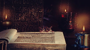 white labeled book, mice, books, candles, castle