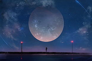 man standing under full moon digital wallpaper