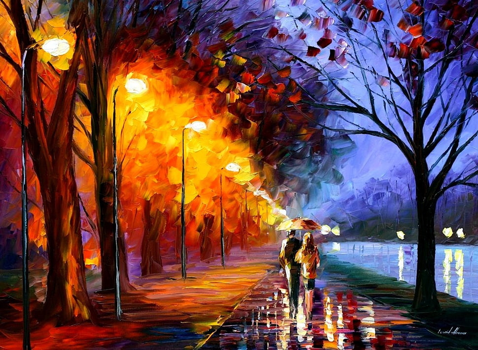 two person walking beside body of water painting HD wallpaper