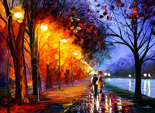 two person walking beside body of water painting