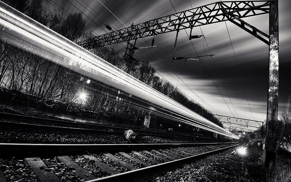 train railway, railway, train, monochrome, long exposure HD wallpaper