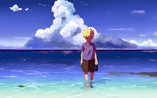 Naruto Boruto walking on shore digital wallpaper, Naruto Shippuuden, Uzumaki Naruto, sea, anime boys