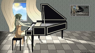 Woman fictional character playing grand piano illustration HD wallpaper