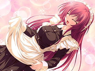 red haired female anime character in maid dress illustration