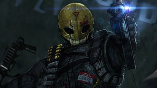 game character wearing yellow mask holding a gun