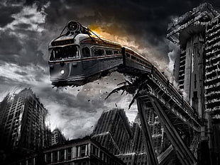 gray wrecked train painting, train, monochrome, apocalyptic, digital art