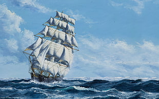 painting of sailing ship on body of water, water, sky, clouds, sailing ship