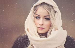 woman wearing black coat with white scarf HD wallpaper