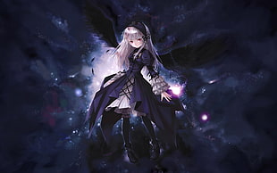 white haired anime character with pair of black wings illustration