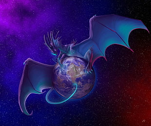 blue winged dragon illustration, dragon, Earth, fantasy art, space art