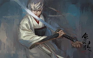 male holding samurai anime character painting, Gintama, samurai, Sakata Gintoki, anime boys