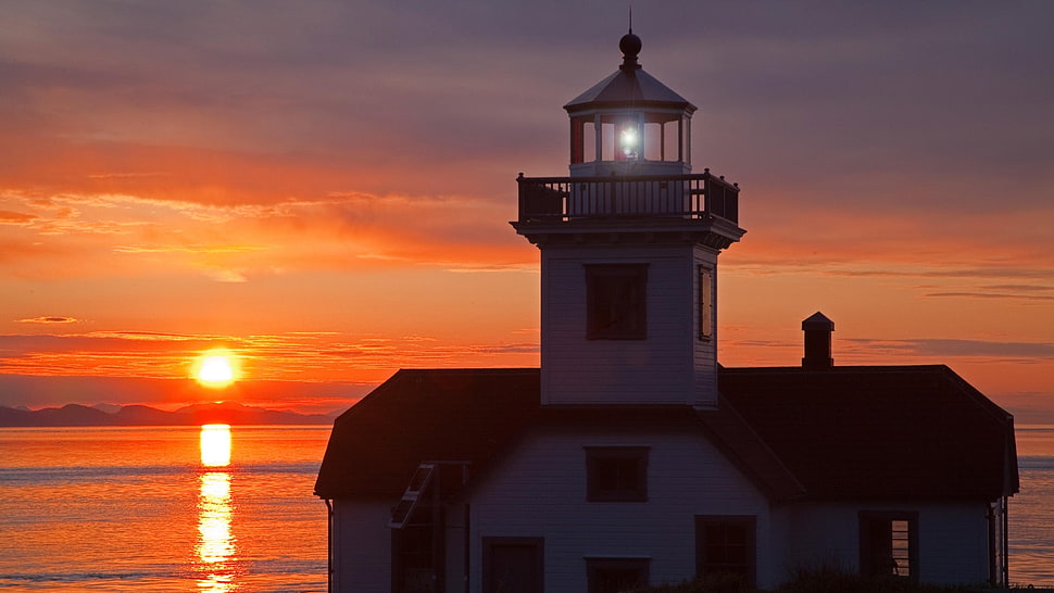 white lighthouse during sunset HD wallpaper